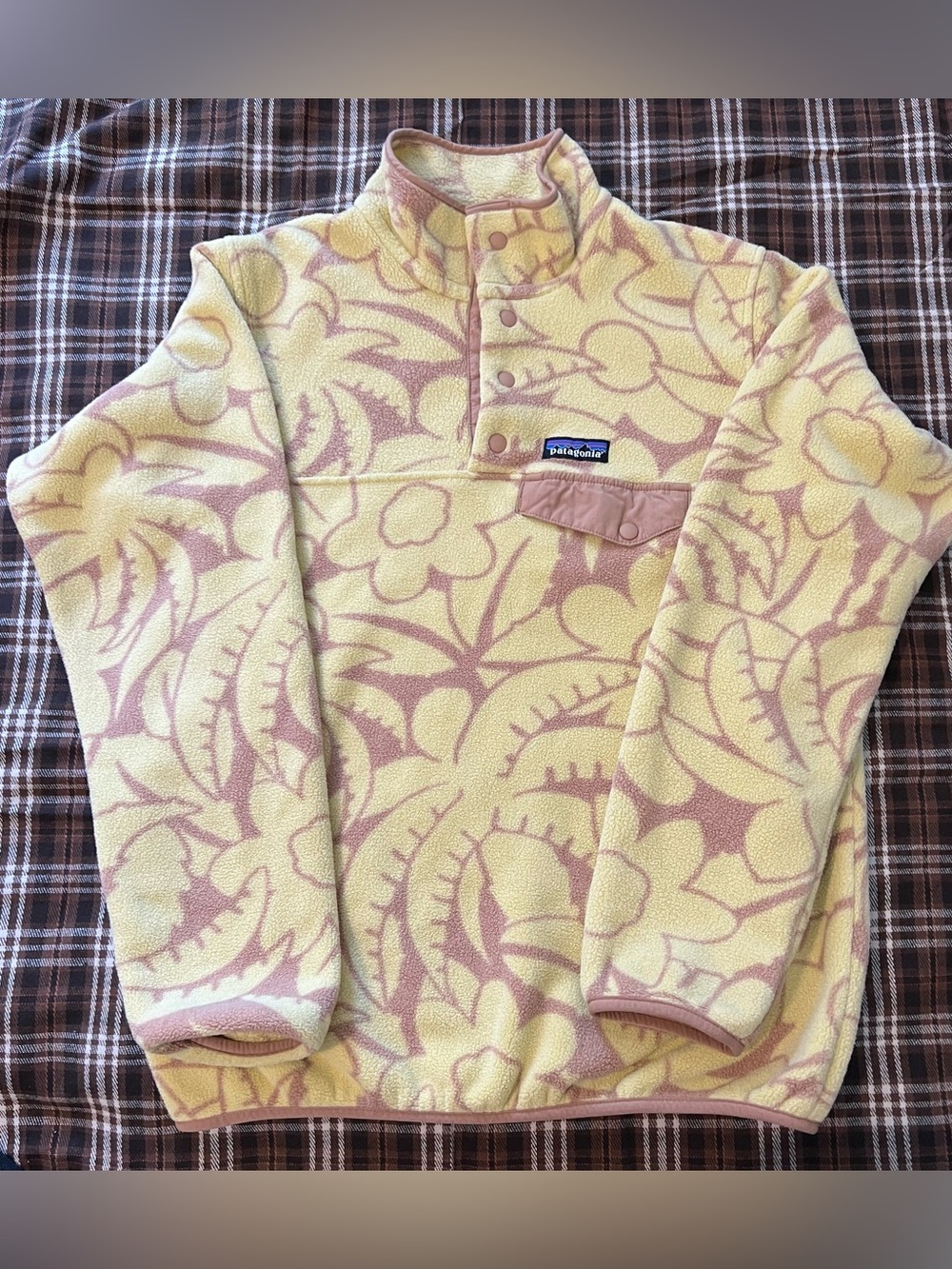 Patagonia Synchilla Snap T Women Small Abundance Surfboard Yellow Floral Fleece